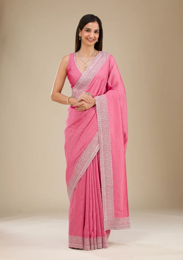 Radiant Onion Pink Soft Silk Saree with Silver Zari Detailing - Image 2