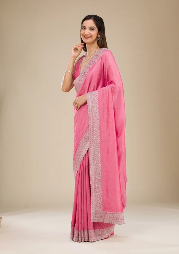 Radiant Onion Pink Soft Silk Saree with Silver Zari Detailing - Image 3