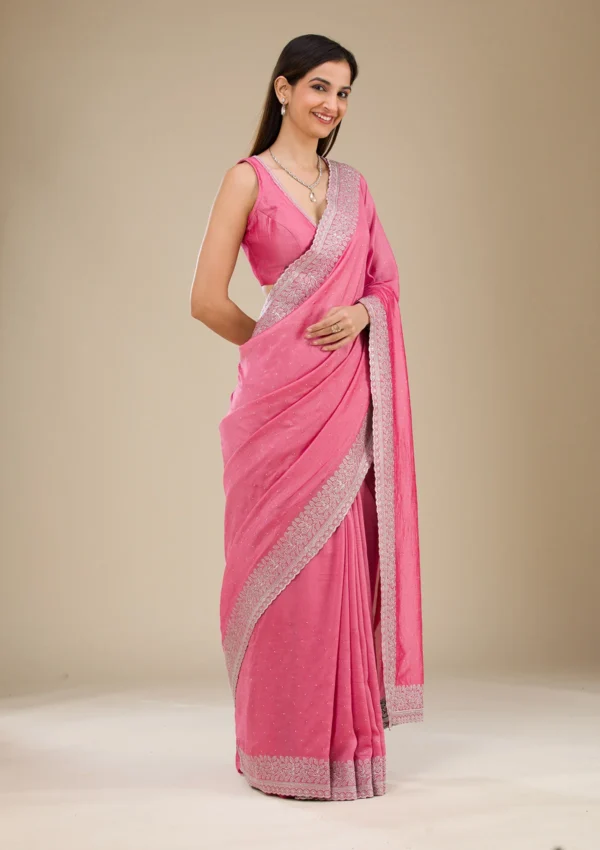 Radiant Onion Pink Soft Silk Saree with Silver Zari Detailing - Image 4