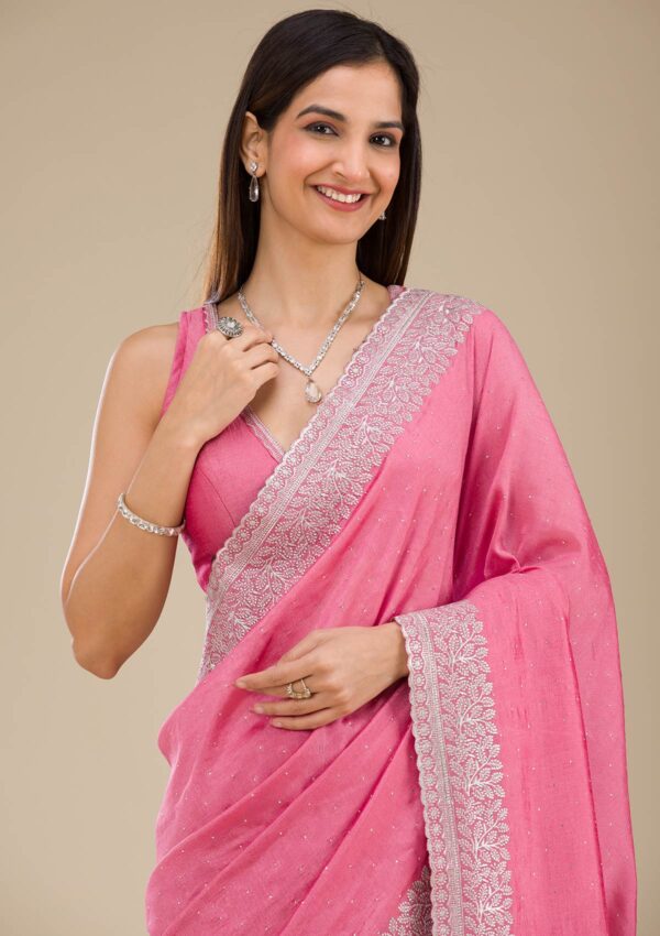 Radiant Onion Pink Soft Silk Saree with Silver Zari Detailing - Image 5