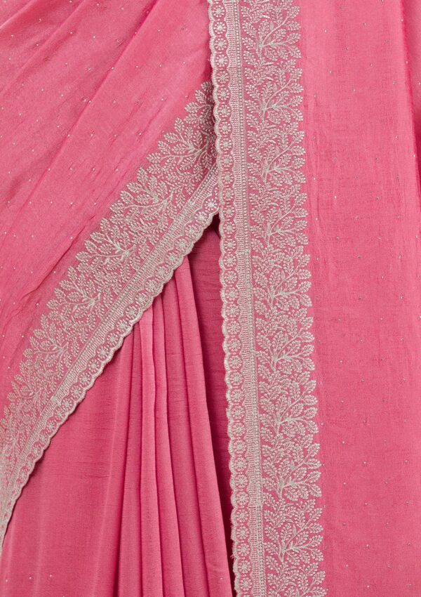 Radiant Onion Pink Soft Silk Saree with Silver Zari Detailing - Image 6