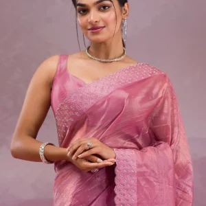 Onion Pink Tissue Saree with Swarovski Stone Embellishments
