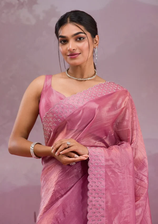 Onion Pink Tissue Saree with Swarovski Stone Embellishments