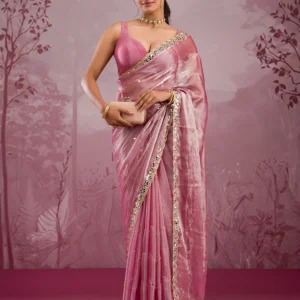 Onion Pink Tissue Saree with Mirrorwork Embroidery