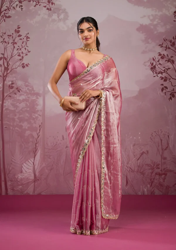 Onion Pink Tissue Saree with Mirrorwork Embroidery