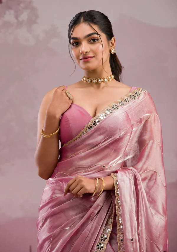 Onion Pink Tissue Saree with Mirrorwork Embroidery - Image 2