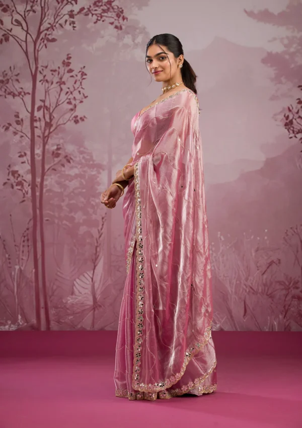 Onion Pink Tissue Saree with Mirrorwork Embroidery - Image 4