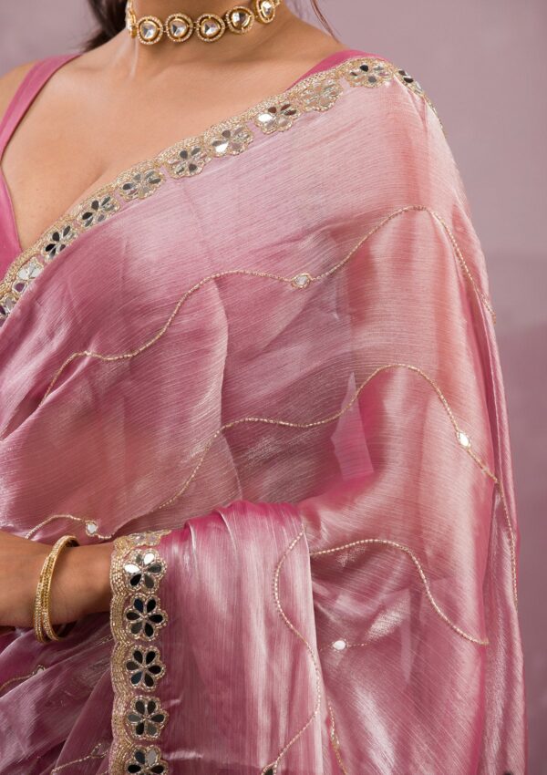 Onion Pink Tissue Saree with Mirrorwork Embroidery - Image 5