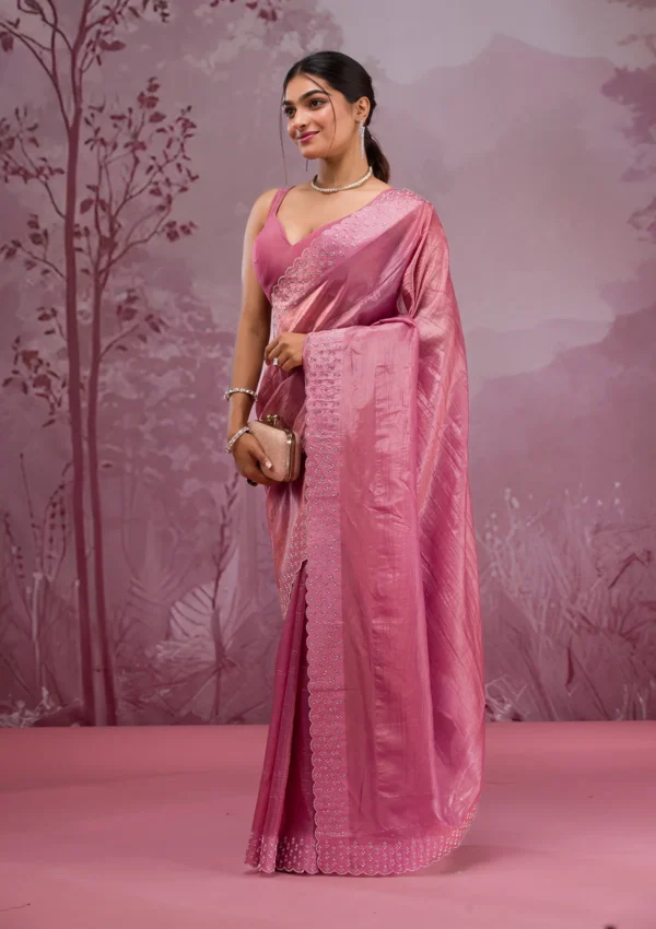 Onion Pink Tissue Saree with Swarovski Stone Embellishments - Image 2