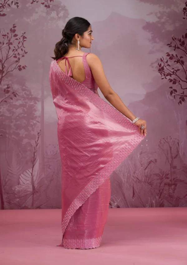Onion Pink Tissue Saree with Swarovski Stone Embellishments - Image 3