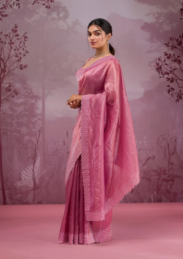 Onion Pink Tissue Saree with Swarovski Stone Embellishments - Image 4