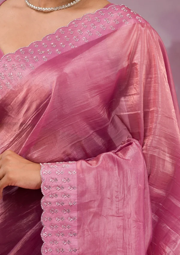 Onion Pink Tissue Saree with Swarovski Stone Embellishments - Image 5