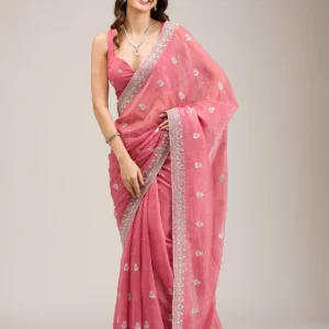 Pink Tissue Saree with Silver Zariwork Detailing