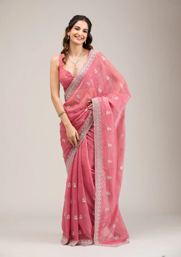 Pink Tissue Saree with Silver Zariwork Detailing