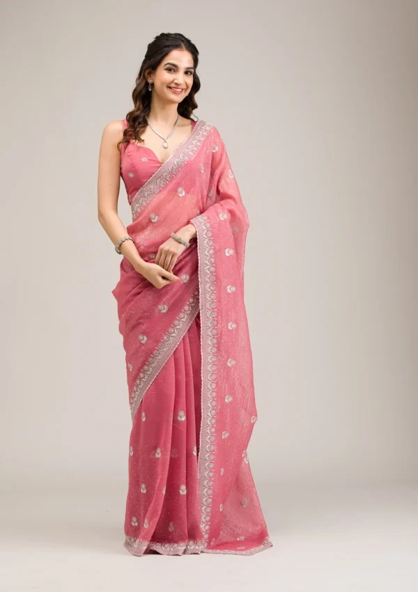 Pink Tissue Saree with Silver Zariwork Detailing - Image 2