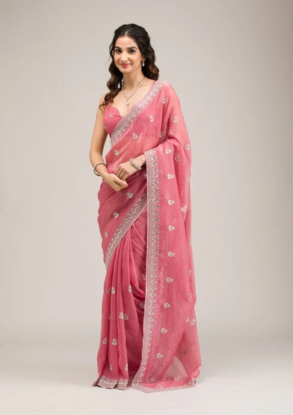 Pink Tissue Saree with Silver Zariwork Detailing - Image 3