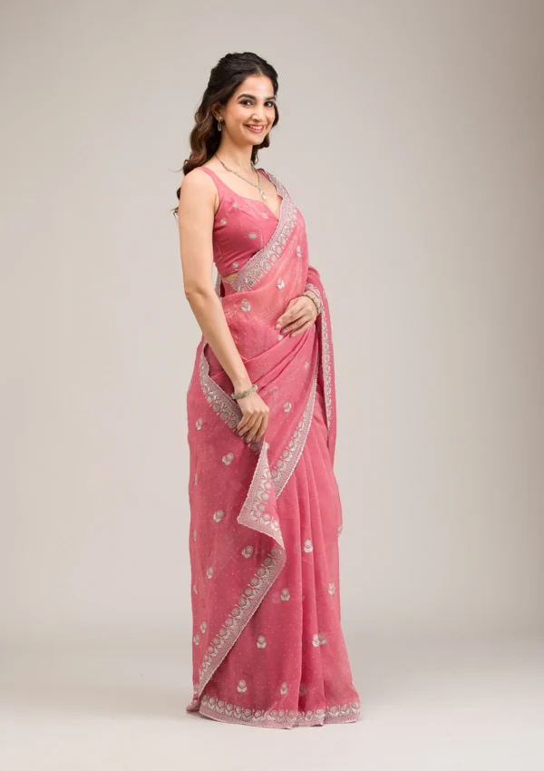 Pink Tissue Saree with Silver Zariwork Detailing - Image 4