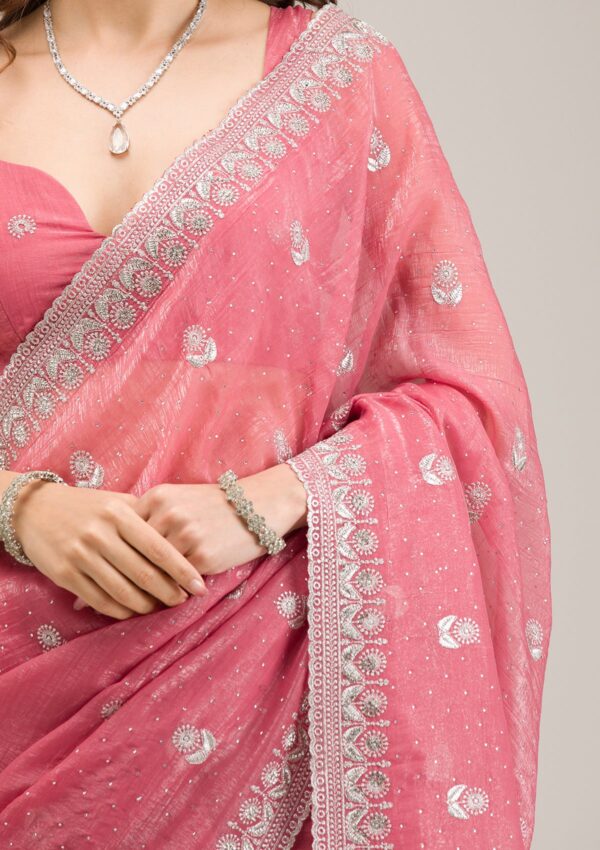 Pink Tissue Saree with Silver Zariwork Detailing - Image 5