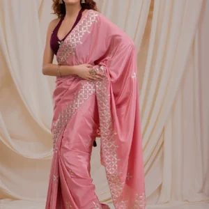 Onion Pink Semi Crepe Saree with Gotapatti Embroidery