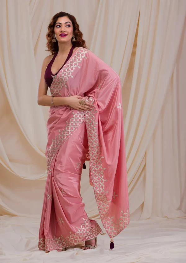 Onion Pink Semi Crepe Saree with Gotapatti Embroidery