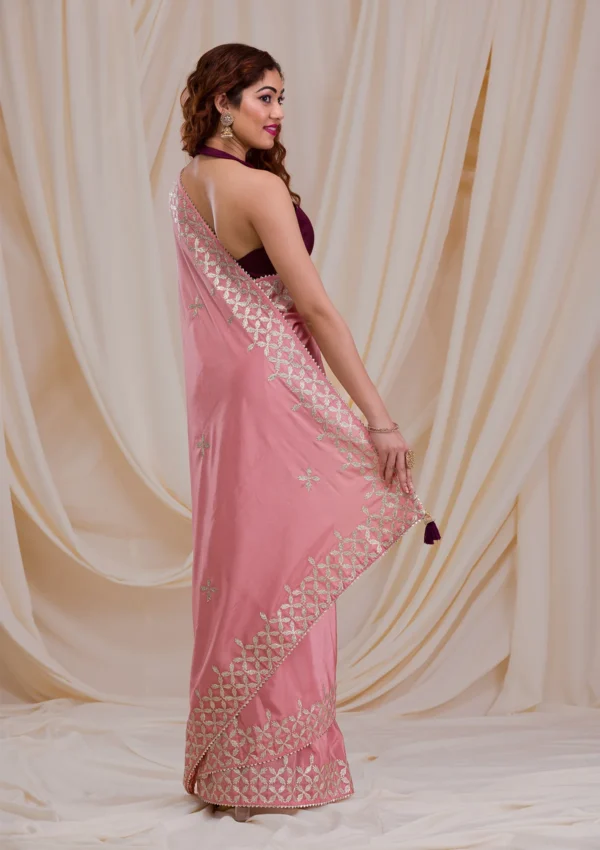 Onion Pink Semi Crepe Saree with Gotapatti Embroidery - Image 2