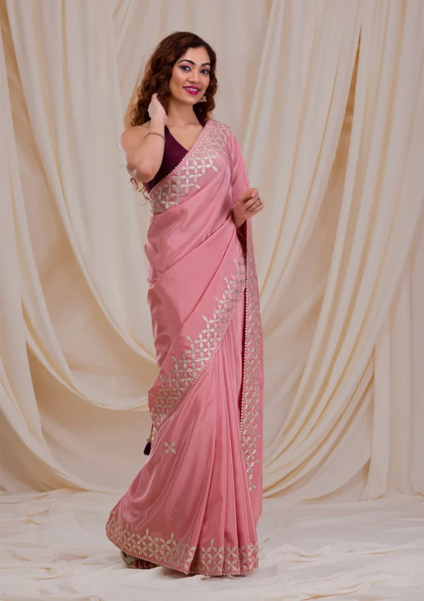 Onion Pink Semi Crepe Saree with Gotapatti Embroidery - Image 3