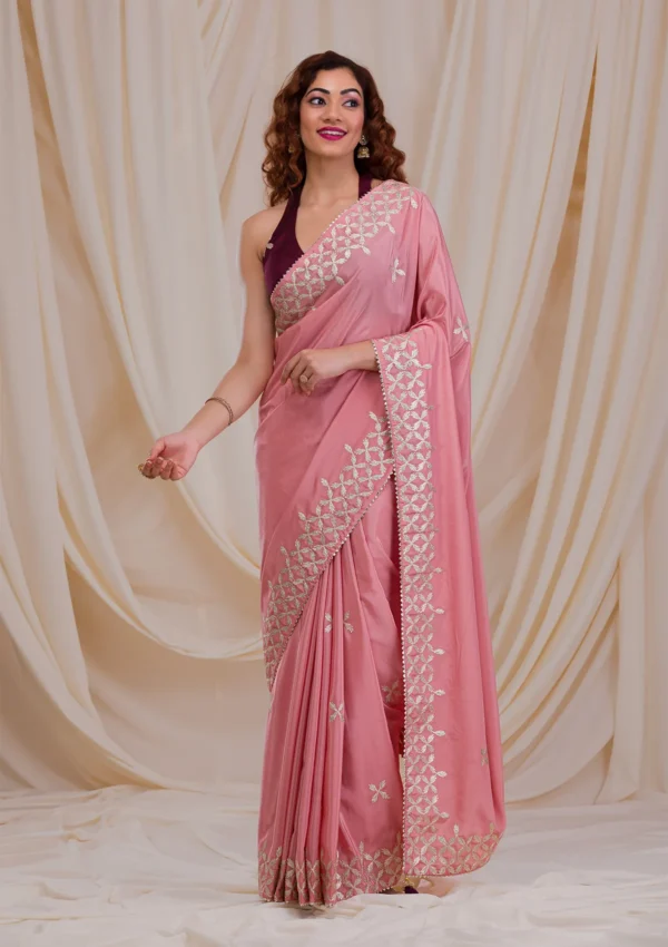 Onion Pink Semi Crepe Saree with Gotapatti Embroidery - Image 4