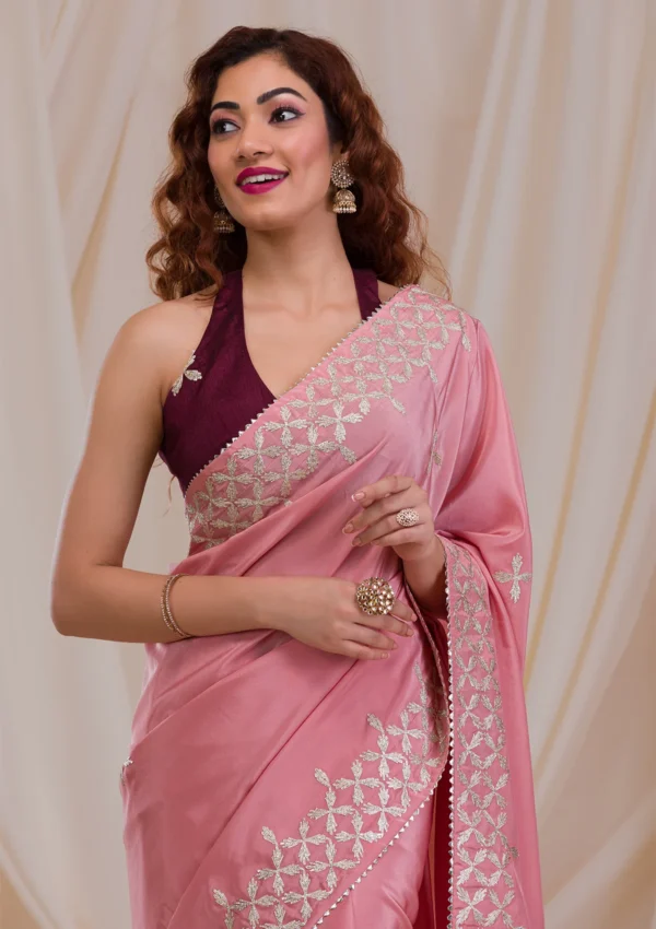 Onion Pink Semi Crepe Saree with Gotapatti Embroidery - Image 6