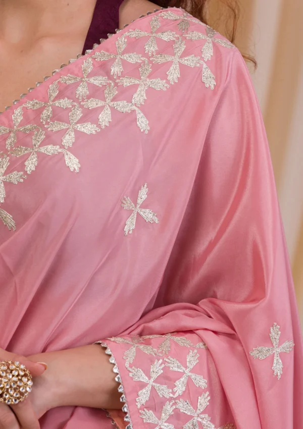 Onion Pink Semi Crepe Saree with Gotapatti Embroidery - Image 7