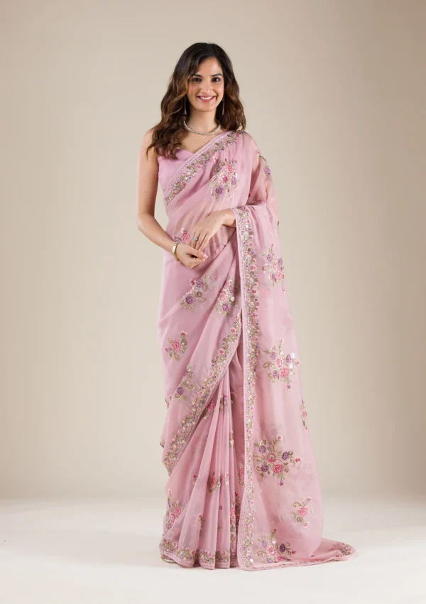 Bloomlight Onion Pink Threadwork Organza Saree - Image 2