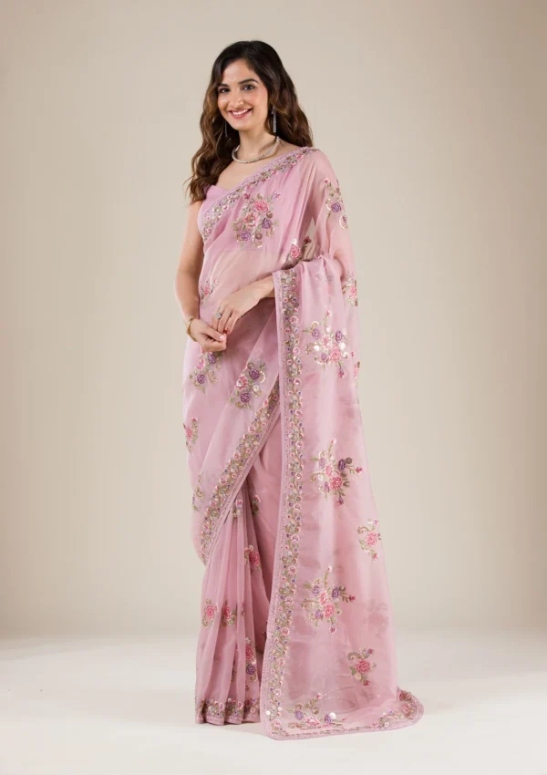 Bloomlight Onion Pink Threadwork Organza Saree - Image 3