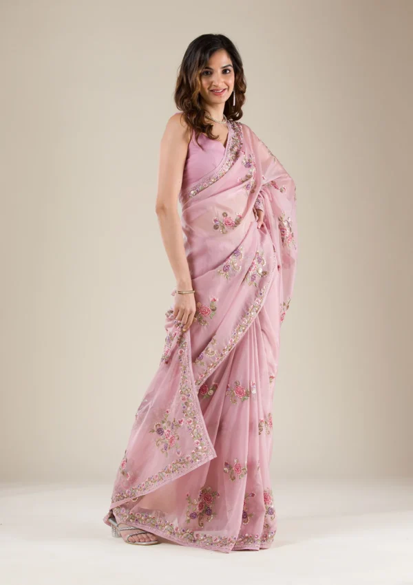 Bloomlight Onion Pink Threadwork Organza Saree - Image 4