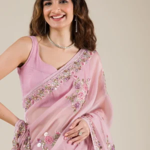 Bloomlight Onion Pink Threadwork Organza Saree