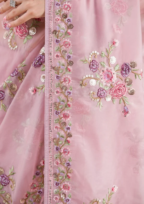Bloomlight Onion Pink Threadwork Organza Saree - Image 5