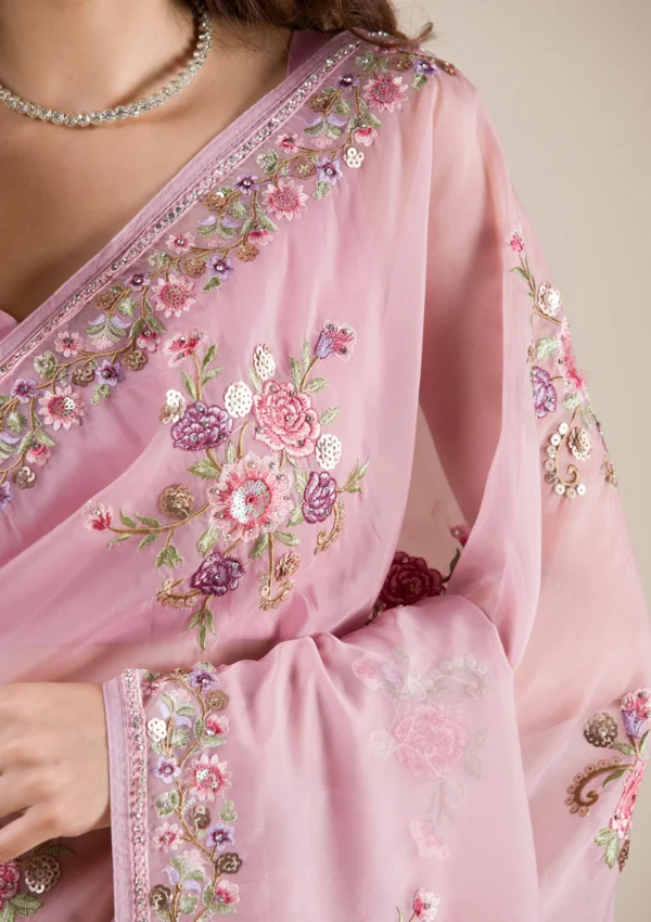 Bloomlight Onion Pink Threadwork Organza Saree - Image 6