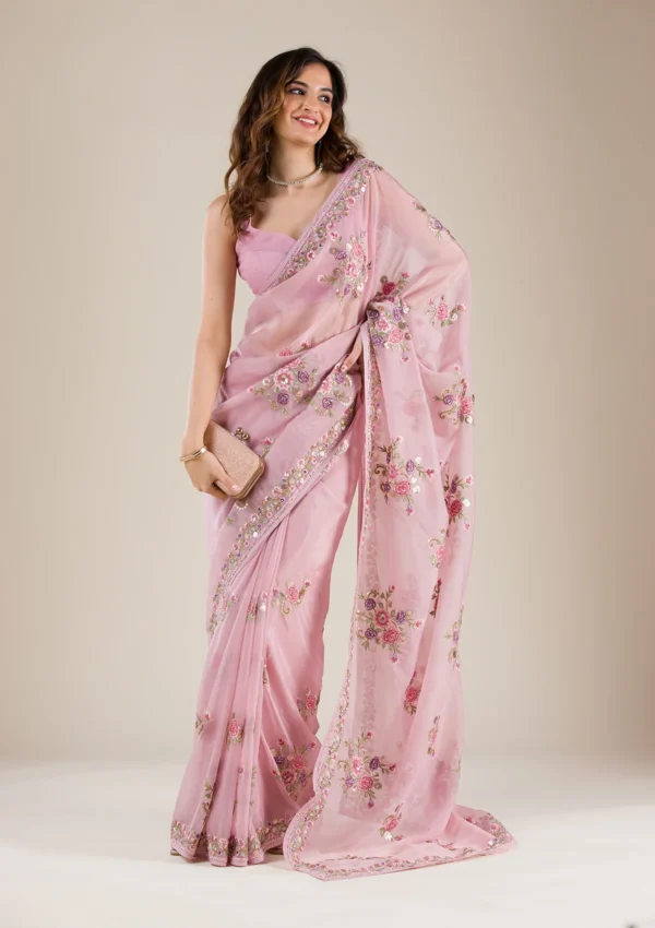 Bloomlight Onion Pink Threadwork Organza Saree - Image 7