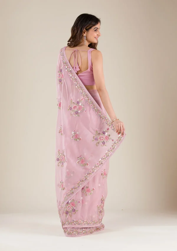 Bloomlight Onion Pink Threadwork Organza Saree - Image 8