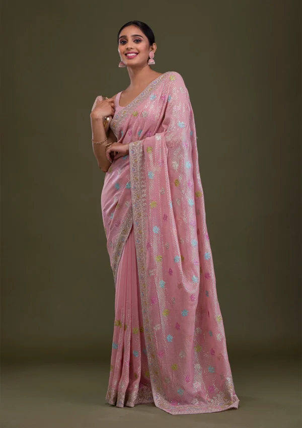 Blush Radiance Pink Sequins Georgette Saree - Image 2