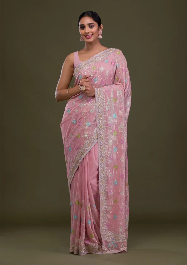 Blush Radiance Pink Sequins Georgette Saree - Image 5