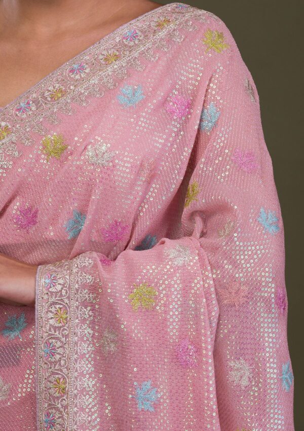 Blush Radiance Pink Sequins Georgette Saree - Image 7