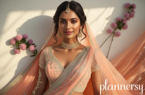 Bride wearing a light cotton lehenga at an outdoor summer wedding ceremony - Plannersy.com