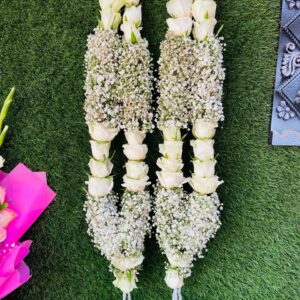 Elegant White Rose, Gypsum & Pearl Jaimala [Luxe Design]