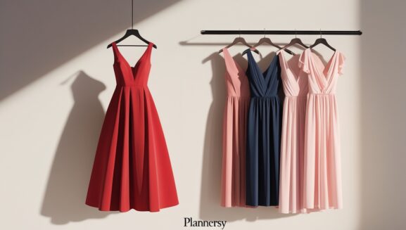 Red dress in wardrobe for article in Plannersy on wearing red to a wedding