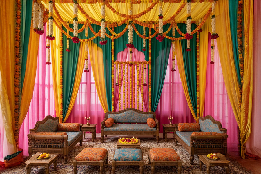 Haldi floor seating setup with cushions